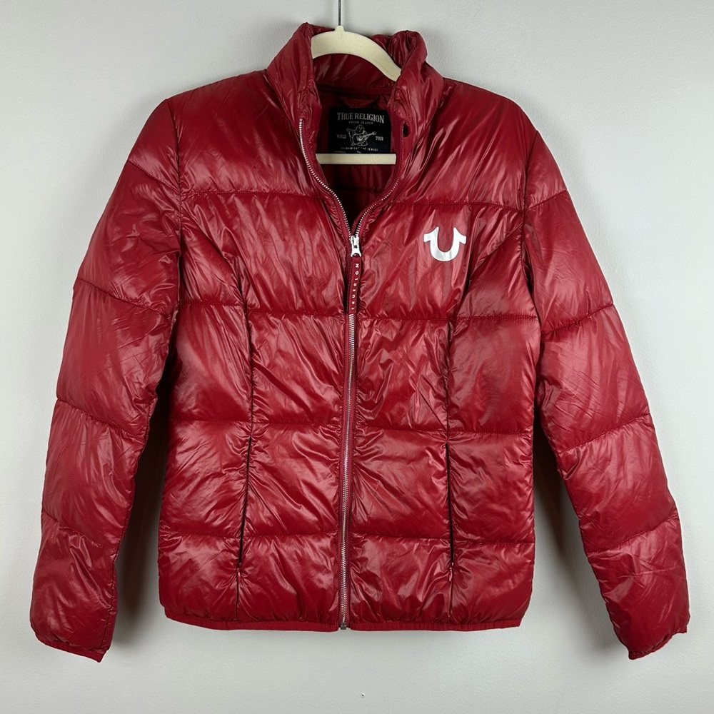 True Religion Red Slim Puffer Jacket Zip Logo Y2K Streetwear S